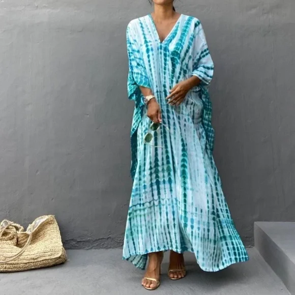 SOLD OUT Teal Boho Tie Dye Kaftan Kimono Coverup Dress - Picture 3 of 5